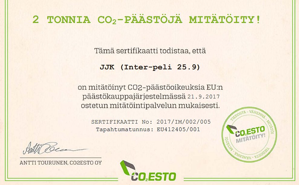 Hiilineutraali ottelu Harjulla – JJK tekee Veikkausliigahistoriaa
